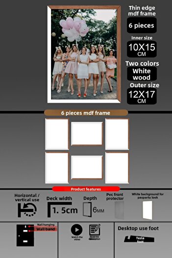 Bytwo 6 Pieces 10X15 Frame - Thin Slatted Frame - 2 Colors White Wood - 6mm Frame Photo Frame