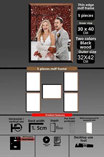 Bytwo 5 Pieces 30X40 Frame - Thin Slatted A3 Frame - 2 Colors Wood Black - 6mm Photo Frame
