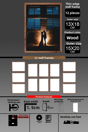 Bytwo 12 Pieces 13X18 Frame - Thin Slatted Frame - Wooden Frame - 6mm Frame - Photo Frame