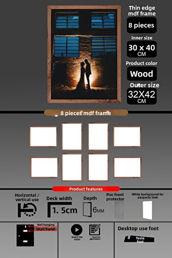 Bytwo 8 Pieces 30X40 Frame - Thin Slatted A3 Frame - Wooden Frame - 6mm - Photo Frame