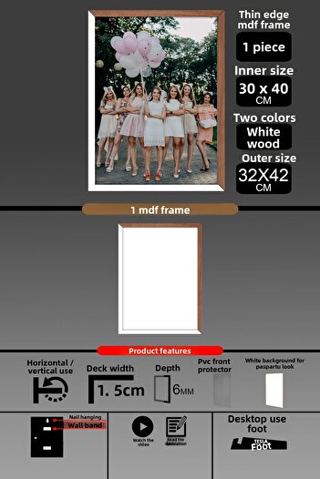 Bytwo 1 Piece 30X40 Frame - Thin Slatted A3 Frame - 2 Colors White Wood - 6mm Photo Frame