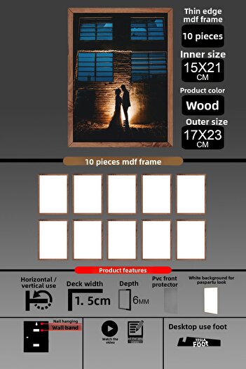 bymat 10 Pieces 15X21 Frame - Thin Slatted A5 Frame - Wooden Frame - 6mm - Photo Frame