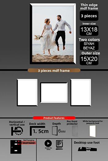 bymat 3Pcs 13X18 Frame - Thin Slatted Frame - 2 Colors Black White - 6mm Frame Photo Frame