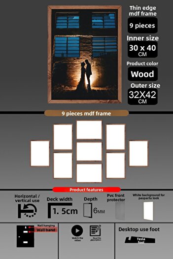 bymat 9 Pieces 30X40 Frame - Thin Slatted A3 Frame - Wooden Frame - 6mm - Photo Frame