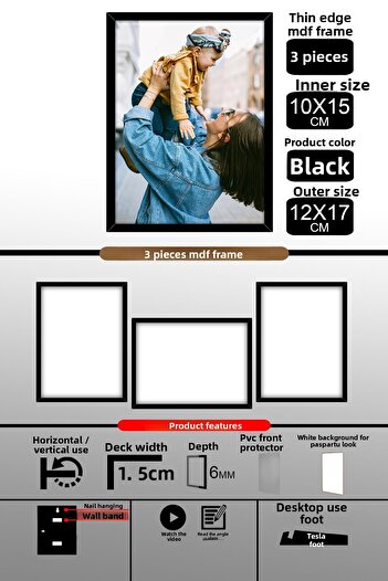 bymat 3Pcs 10X15 Frame - Fine Slatted Frame - Black Frame - 6mm Frame - Photo Frame