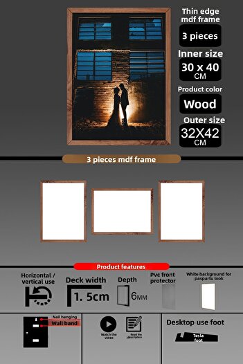bymat 3 Pieces 30X40 Frame - Thin Slatted A3 Frame - Wooden Frame - 6mm - Photo Frame
