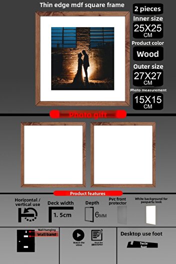bymat 2 Pieces 25X25 Frame - Thin Slatted Frame - Wooden Frame - Square Frame - Photo Frame