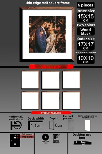 bymat 6Pcs 15X15 Frame - Thin Slatted Frame - 2 Colors Wood Black - Square Frame Photo Frame
