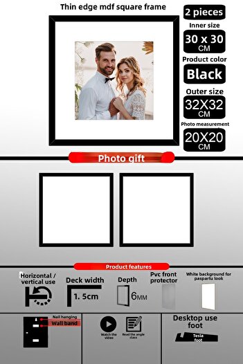 bymat 2 Pieces 30X30 Frame - Thin Slatted Frame - Black Frame - Square Frame - Photo Frame