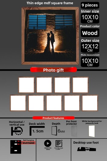 bymat 9Pcs 10X10 Frame - Fine Slatted Frame - Wooden Frame - Square Frame - Photo Frame