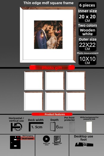 bymat 6 Pieces 20X20 Frame - Thin Slatted Frame - 2 Colors White Wood - Square Frame Photo Frame
