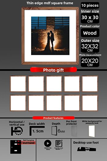 bymat 10 Pieces 30X30 Frame - Thin Slatted Frame - Wooden Frame - Square Frame - Photo Frame