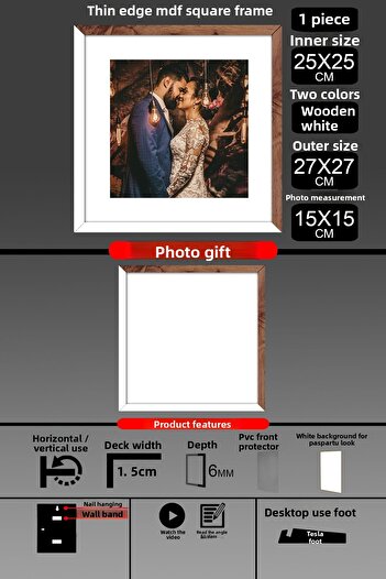 bymat 1 Piece 25X25 Frame - Thin Slatted Frame - 2 Colors White Wood - Square Frame Photo Frame