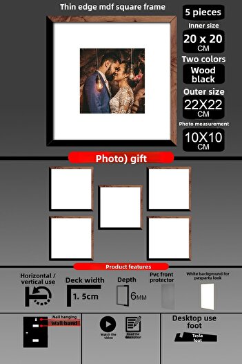 yhfoto 5Pcs 20X20 Frame - Thin Slatted Frame - 2 Colors Wood Black - Square Frame Photo Frame