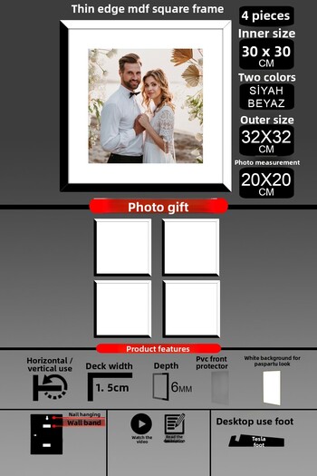 bymat 4 Pieces 30X30 Frame - Thin Slatted Frame - 2 Colors Black White - Square Frame Photo Frame