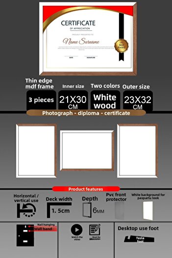 bymat 3 Pieces 21X30 Frame - Thin Slatted A4 Frame - 2 Colors White Wood - Photo Certificate Frame