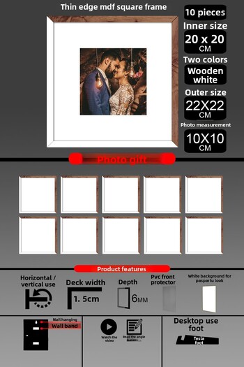 Bytwo 10 Pieces 20X20 Frame - Thin Slatted Frame - 2 Colors White Wood - Square Frame Photo Frame