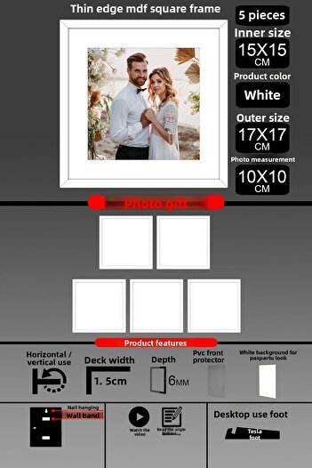 Bytwo 5 Pieces 15X15 Frame - Thin Slatted Frame - White Frame - Square Frame - Photo Frame