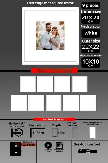 bymat 9 Pieces 20X20 Frame - Thin Slatted Frame - White Frame - Square Frame - Photo Frame