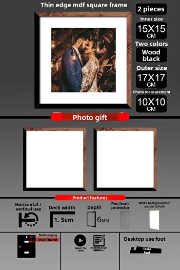 Bytwo 2Pcs 15X15 Frame - Thin Slatted Frame - 2 Colors Wood Black - Square Frame Photo Frame