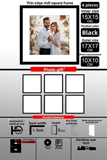 bymat 6 Pieces 15X15 Frame - Thin Slatted Frame - Black Frame - Square Frame - Photo Frame