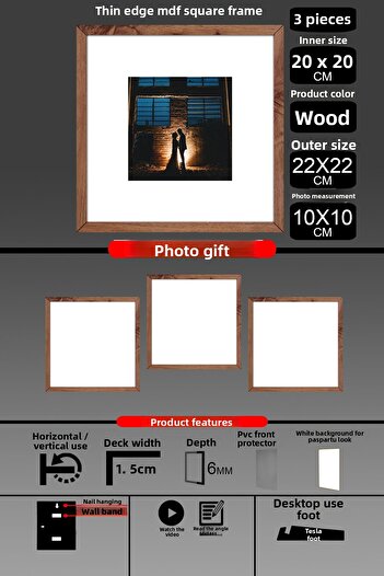 Bytwo 3 Pieces 20X20 Frame - Thin Slatted Frame - Wooden Frame - Square Frame - Photo Frame