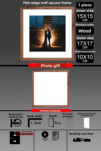 Bytwo 1 Piece 15X15 Frame - Thin Slatted Frame - Wooden Frame - Square Frame - Photo Frame