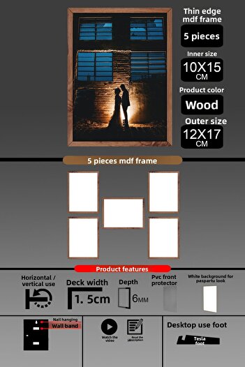 bymat 5 Pieces 10X15 Frame - Thin Slatted Frame - Wooden Frame - 6mm Frame - Photo Frame