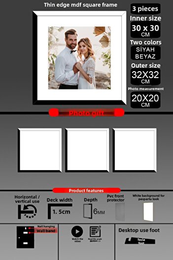 yhfoto 3Pcs 30X30 Frame - Thin Slatted Frame - 2 Colors Black White - Square Frame Photo Frame