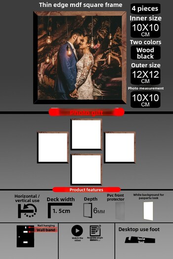 bymat 4Pcs 10X10 Frame - Fine Slatted Frame - 2 Colors Wood Black - Square Frame Photo Frame