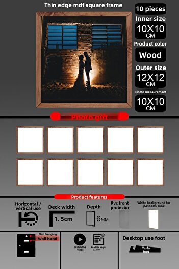 bymat 10Pcs 10X10 Frame - Fine Slatted Frame - Wooden Frame - Square Frame - Photo Frame