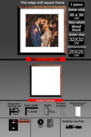 Bytwo 1Pcs 30X30 Frame - Thin Slatted Frame - 2 Colors Wood Black - Square Frame Photo Frame