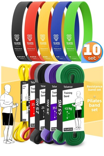 Telvesse 10Pcs Tera Set 5+15+25+35+45 kg + 5Li Pilates Resistance Band Barfiks Rubber Loop Band Mix Tone