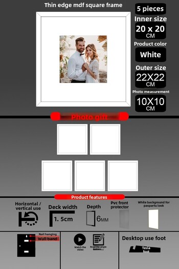 Bytwo 5 Pieces 20X20 Frame - Thin Slatted Frame - White Frame - Square Frame - Photo Frame