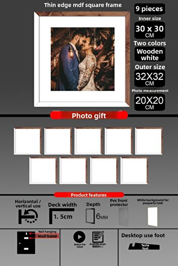 bymat 9 Pieces 30X30 Frame - Thin Slatted Frame - 2 Colors White Wood - Square Frame Photo Frame