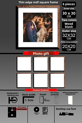 Bytwo 6 Pieces 30X30 Frame - Thin Slatted Frame - 2 Colors Wood Black - Square Frame Photo Frame
