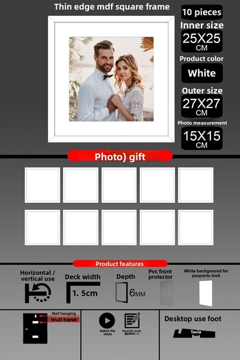 bymat 10 Pieces 25X25 Frame - Thin Slatted Frame - White Frame - Square Frame - Photo Frame