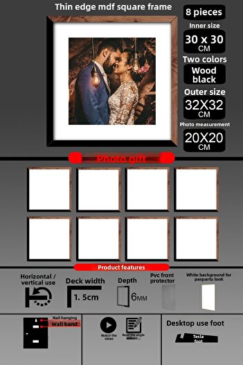 bymat 8 Pieces 30X30 Frame - Thin Slatted Frame - 2 Colors Wood Black - Square Frame Photo Frame