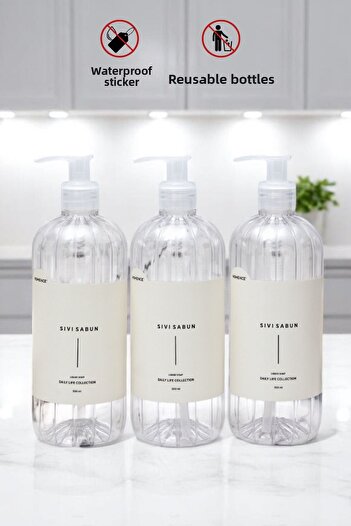homence Set of 3 Liquid Soap Plastic Bottles with Labels Transparent Soap Dispenser 500 ml