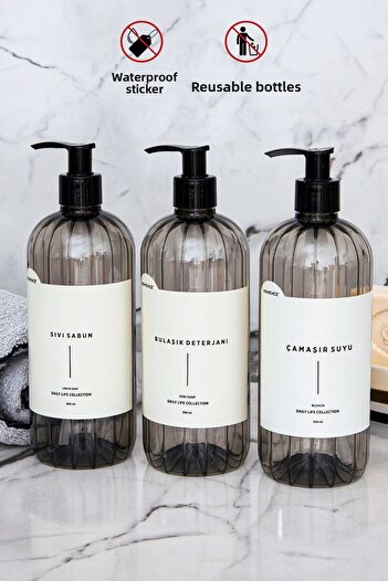 homence Set of 3 Smoked Soap Dispensers 500ml Liquid Soap Dishwashing Liquid Laundry Bleach Plastic Bottle with Label