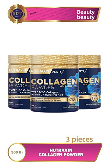 Nutraxin Beauty Collagen Powder 300 Gr - Type 1-2-3 Hydrolyzed Collagen 3 Pieces