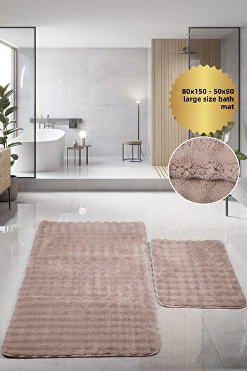 Bestekar Puffelle Embossed Coffee Large Size Non-Slip Modern Washable Soft Double Bath Mat Set