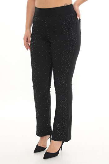 AKŞEN GİYİM Plus Size High Waist Two Sizes Slimming Front Full Rhinestone Wide Leg Pants
