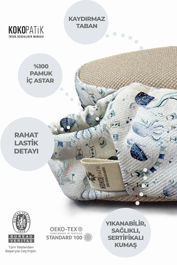 Kokopatik ,Non-Slip Sole,Organic Cotton Home Nursery Booties,Blue Sea Adventure Patterned Booties