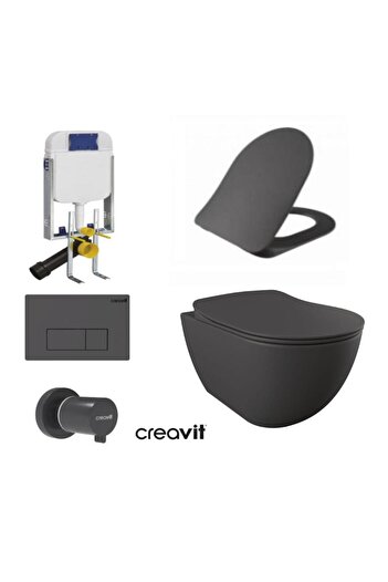 Creavit GR5001- FE322 5 Parça Antrasit Mat Asma Klozet Gömme Rezervuar Seti Kanalsız