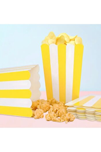 Deniz Party Store Yellow and White Striped Cardboard Popcorn Corn Chips Box 8 Pieces
