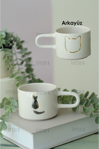 terraco ceramic Gold Detailed Handmade Ceramic Mug Double Sided Cat Pattern