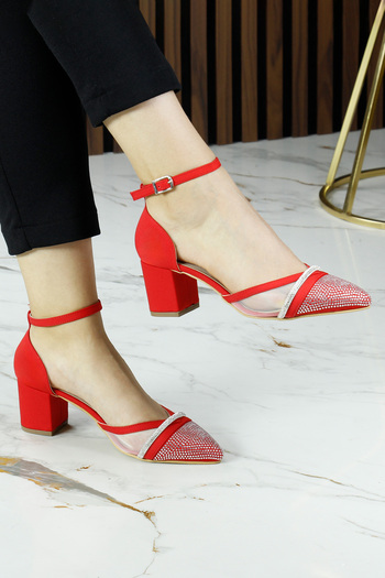 Erkan Saçmacı Susie Red Crepe Stone Pointed Toe Thick Heeled Evening Dress Shoes