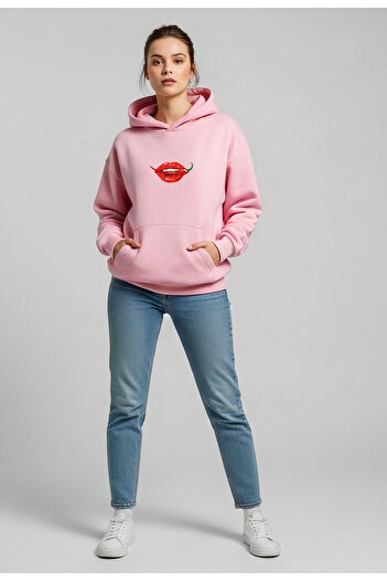 Bheka Concept Hot Pepper and Lip Design Printed Pink Oversize Women's Hooded Sweatshirt Hoodie
