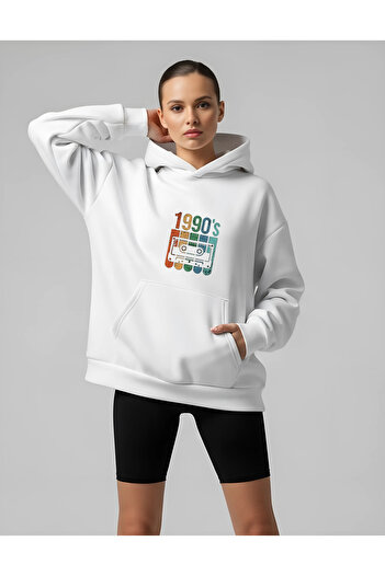 Bheka Concept 1990's Design Printed White Oversize Unisex Hooded Sweatshirt Hoodie